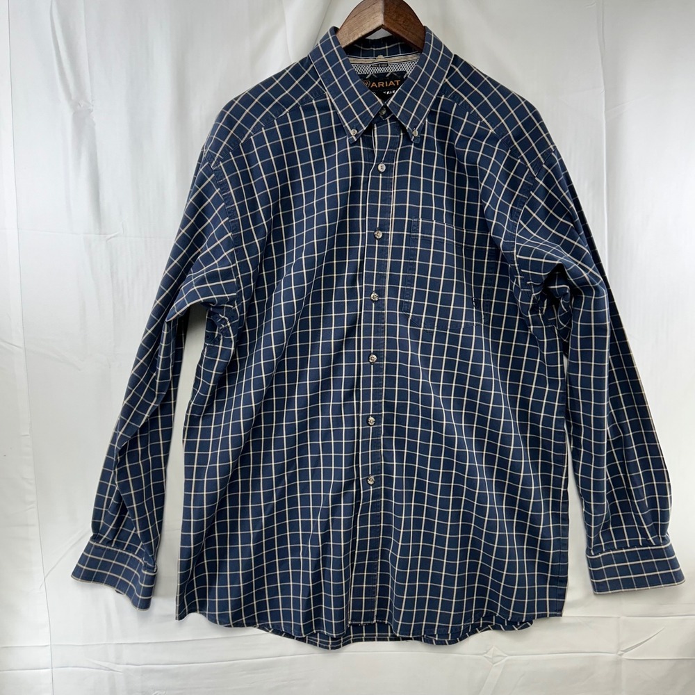 Ariat Pro Series Shirt Mens XL Navy Blue Grid Check Button Down Long Sleeve